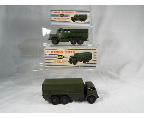 Dinky Toys - # 689 medium artillery tractor, military green body with green tin rear canopy, seated driver with green hubs, i