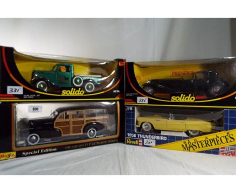 Maisto, Solido, Revell - four 1:18 scale diecast models comprising 1948 Chevrolet, 1956 Thunderbird, Bugatti Royale, Ford Pic