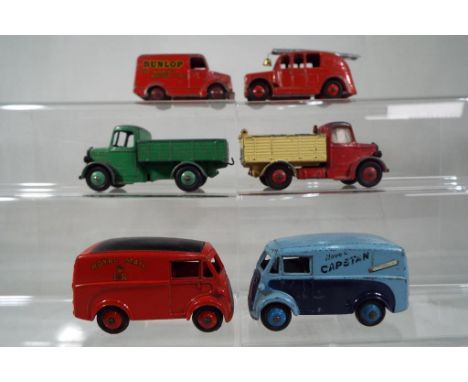 Dinky Toys - Morris 10 cwt van, Capstan livery # 465, blue with blue ridge hubs, Fire Engine # 250, red with ladder and bell,