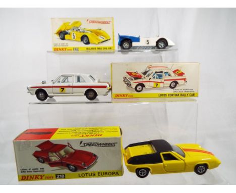 Dinky Toys - #223 McLaren M8A Can AM in blue and white, excellent in vg box. #218 Lotus Europa with yellow body, black roof a