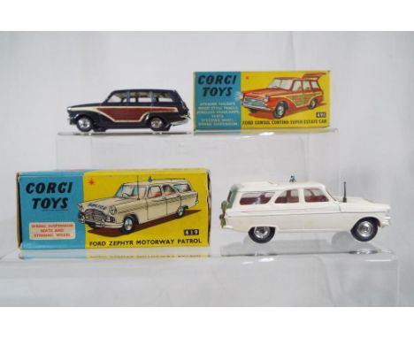 Corgi Toys - Ford Consul Cortina Super Estate Car # 491. Metallic grey body with brown and cream wood effect side panels, spu