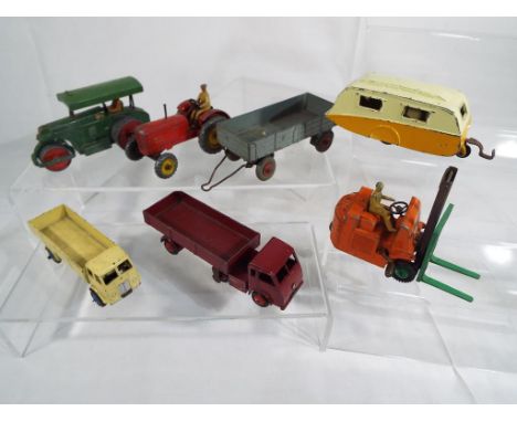 Dinky Toys - 27a Massey Harris Tractor with driver; 428 large trailer with hook, grey, red hubs; 25p/251 Aveling Barford Road