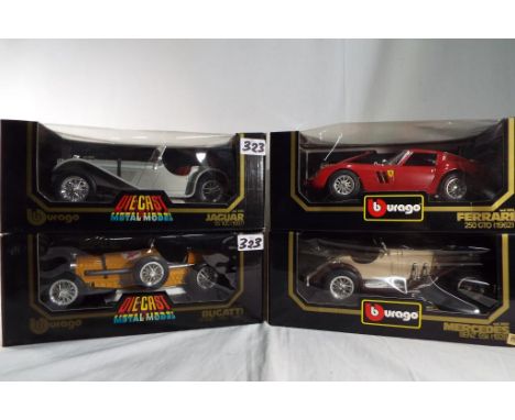 Burago - four 1:18 scale models, Bugatti, Ferrari, Jaguar and Mercedes, all appear mint in window boxes [4]