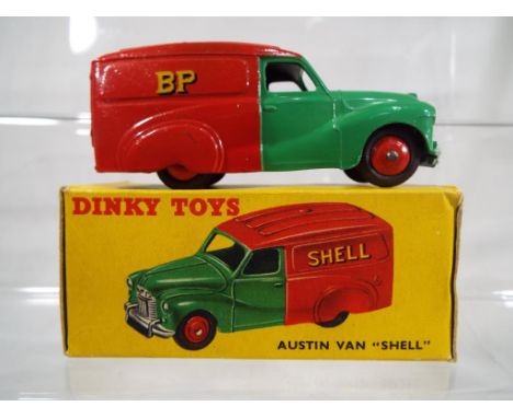 Dinky Toys - # 470 Austin Van "Shell" with green and red body with Shell/BP decals, red hubs. Appears in excellent condition 