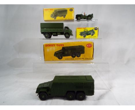 Dinky Toys - # 674 Austin Champ, military green body and hubs, driver figure in original  yellow box (near mint), # 621 3-ton