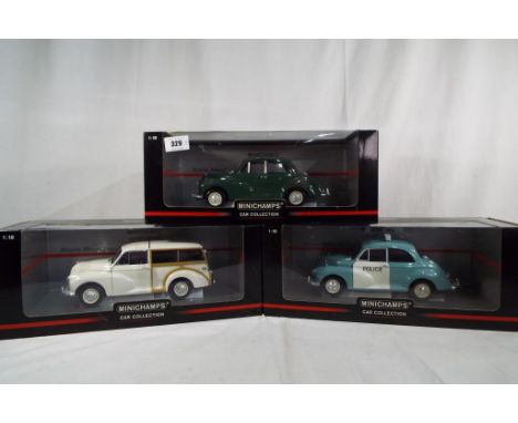 Minichamps Car Collecvtion - three 1:18 scale diecast models, Morris Minor,  Morris Minor Traveller and  Morris Minor Police,