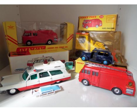 Dinky Toys - vintage diecast models comprising 267 Superior Cadillac Ambulance with stretcher and patient in picture box, 276