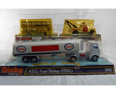 Dinky Toys - three diecast models comprising # 295 Atlantean Bus, 442 Land Rover Breakdown Crane and # 945 AEC Fuel Tanker ES