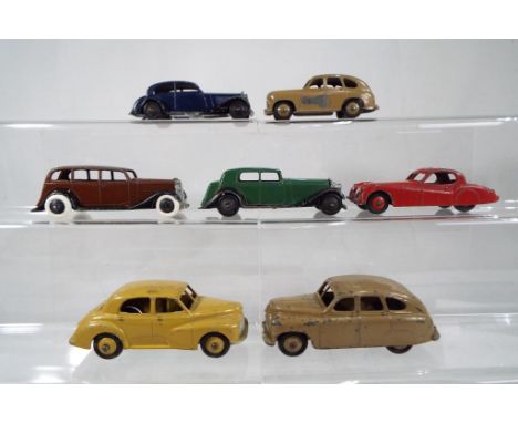 Dinky Toys - Daimler # 30c, green, black ridged hubs, Rolls Royce # 30b, blue, black ridged hubs, Vauxhall # 30d, brown with 