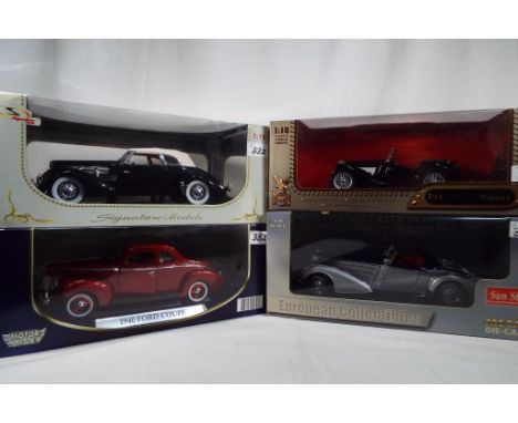 Sun Star, Sgnature, Motor Max - four 1:18 scale diecast models comprising 1947 MG TC Midget, 1940 Ford Coupe, 1937 Cord Super