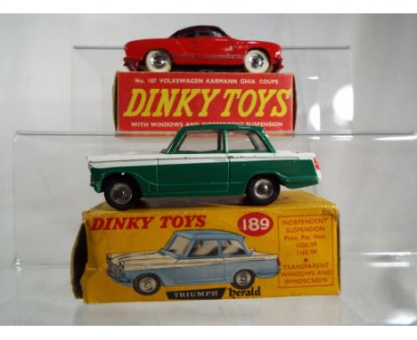 Dinky Toys - Triumph Herald #189. Green lower body and roof with white bonnet and boot. Condition very good with some chippin