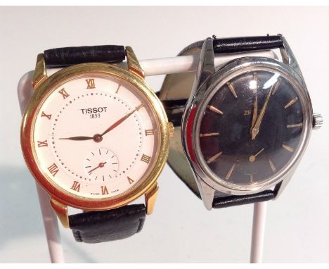 Watches - a vintage Zenith wristwatch, black dial, baton markers, subsidiary seconds, manual movement, serial No 9616463, lat