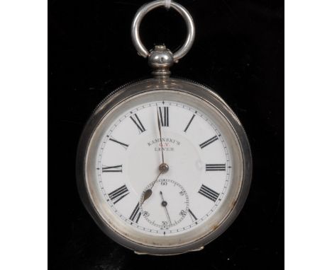 A Victorian silver open face pocket watch, Kaminski's G.Y. Lever, white enamel dial, Roman numerals, minute track, subsidiary