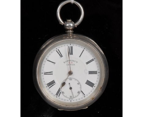 A Victorian silver open face pocket watch, Kaminski's G.Y. Lever, white enamel dial, Roman numerals, minute track, subsidiary