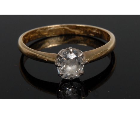 A diamond solitaire ring, old cushion cut diamond, approx 0.40ct, platinum claws, 18ct gold shank, size O, 2.5g gross