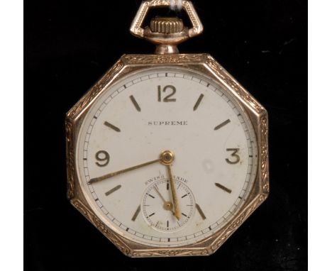 A hexagonal Art Deco Supreme gold plated dress pocket watch, silvered dial, Arabic numerals, subsidiary seconds, engine turne