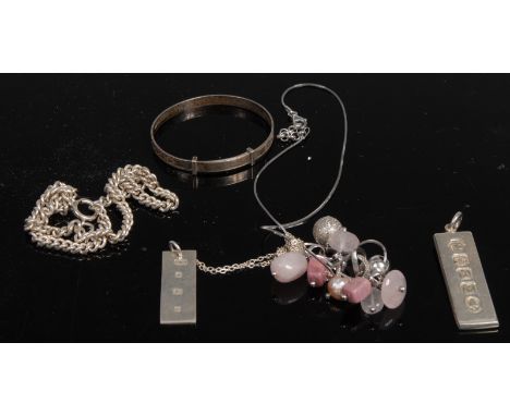 Jewellery - a silver necklace; bangle; double chain bracelet; two ingots (5)