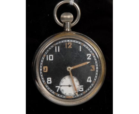 A black faced pilot's military pocket watch, illuminous Arabic numerals, minute track, white subsidiary seconds, button wind 