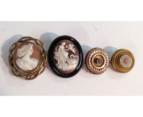 A Victorian cameo brooch, Venus seated in her swan drawn chariot, Cupid aloft, polished jet mount;  another portrait;  a yell
