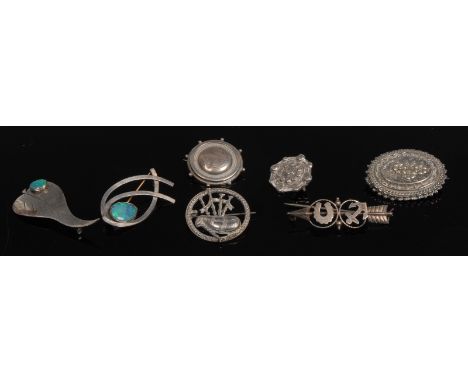 Jewellery - a silver and black opal mounted leaf brooch, stamped STG SIL ARA; another; a Scottish silver brooch, as bagpipes;