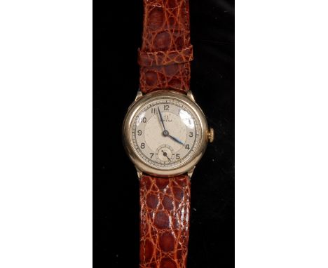 Omega - a vintage 9ct gold cased wristwatch, silvered textured dial, Arabic numerals, minute track, subsidiary seconds, manua