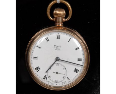 A gold plated Limit No2 open face screw back pocket watch, white dial, Roman numerals, minute track, subsidiary seconds, butt