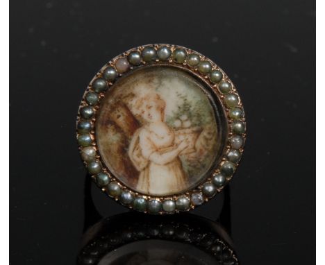 A George III  portrait panel mourning ring, central round portrait, maiden in the garden, watercolour, surrounded by a single