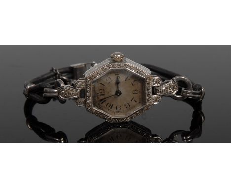 Rolex - an Art Deco diamond encrusted cocktail watch, 18ct white gold octagonal case, encrusted with forty round cut diamond 