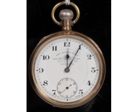 A Thomas Russell gold plated open face pocket watch, white dial, Arabic numerals, minute track, subsidiary seconds, button wi