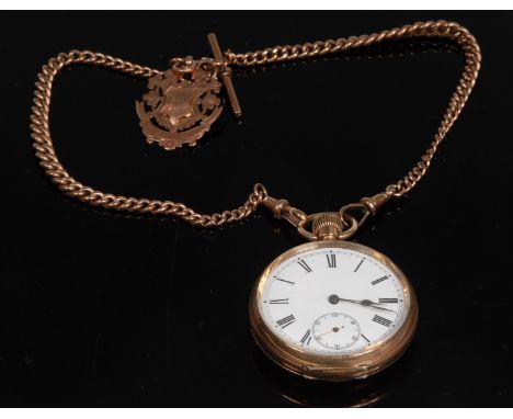 A Victorian 9ct rose gold double Albert chain, T-bar and shield fob, a gold plated open face pocket watch, white enamel dial,