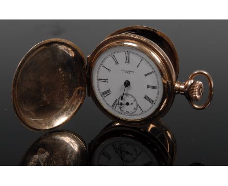 A Columbia, USA hunter pocket watch with engraved case, white dial, Roman numerals, subsidiary seconds, manual button wind mo