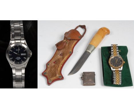 A silver vesta case, engraved and chased, suspension ring; a gentleman's Seiko Sapphire wristwatch, boxed; etc. (4)