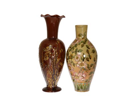 LINTHORPE POTTERYTWO VASES, NOS. 2219 AND 376, the first slip decorated with foliage by Fred Brown, the second enamel painted