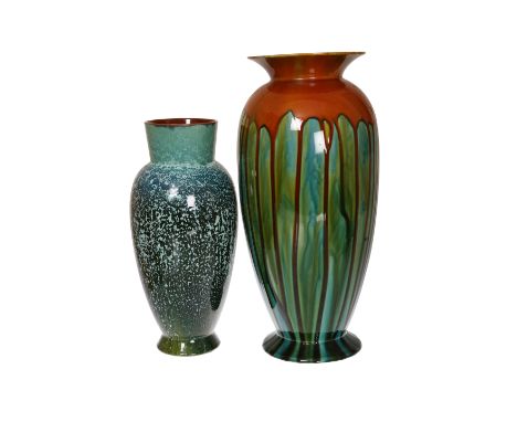 LINTHORPE POTTERYA VASE DESIGNED BY CHRISTOPHER DRESSER, NO. 477; AND A LARGE VASE WITH DRIP GLAZE, NO. 1643; the first of sh