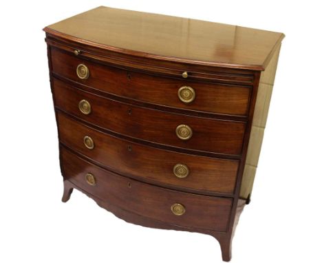 A REGENCY MAHOGANY BOW-FRONT CHEST OF DRAWERS, with moulded rectangular top above a slide with four long graduated drawers be