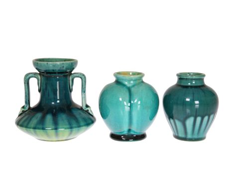 LINTHORPE POTTERYTHREE TURQUOISE GLAZED VASES, NOS. 851, 958 AND 839, the first with lobed body, the second with two handles,
