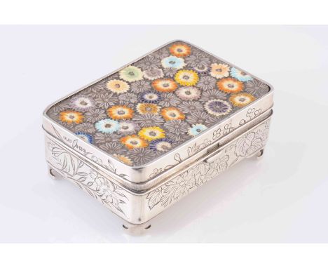 A FINE LATE 19TH CENTURY JAPANESE SILVER AND ENAMEL BOX, Spink & Son, London import mark for 1898, the hinged cover cast and 