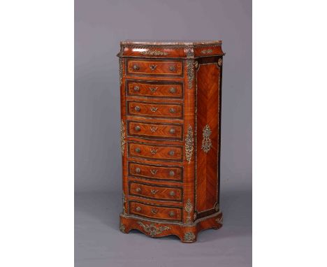 A FINE FRENCH GILT-METAL MOUNTED, INLAID AND KINGWOOD SECRETAIRE CHEST, with marble top over a conforming serpentine front wi