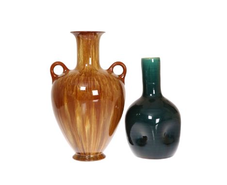 LINTHORPE POTTERYTWO VASES, NOS. 2149 AND 24, the first with twin loop handles to the shoulders, glazed with yellow/cream ove