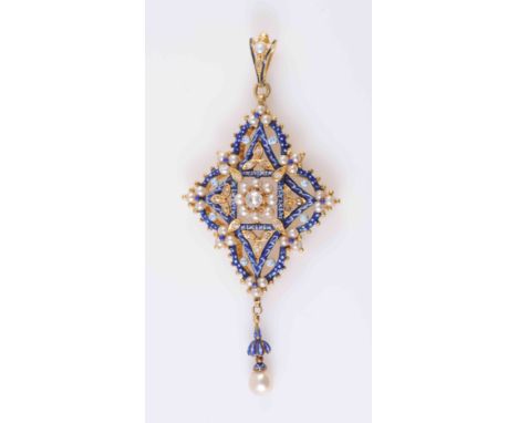 A SPECTACULAR ENAMEL, PEARL AND DIAMOND PENDANT BY CARLO GIULIANO, circa 1870-1880, the symmetrical marquise shaped mount set