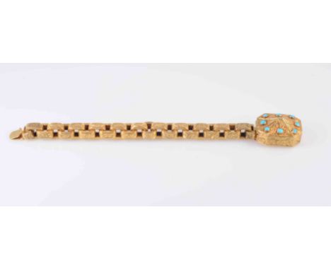 A TURQUOISE SET LOCKET BRACELET, circa 1830-1840, the heavy rounded square shaped link each with elaborate floral engraved de