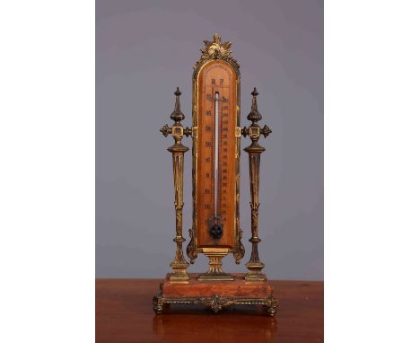 A 19TH CENTURY GILT METAL MOUNTED DESK THERMOMETER, of easel form.