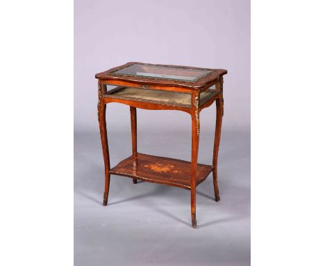 A FRENCH 19TH CENTURY MARQUETRY AND ROSEWOOD BIJOUTERIE TABLE, the hinged lid with shaped "frame", raised on slender cabriole