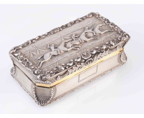 HORSE RACING INTEREST: A FINE WILLIAM IV SILVER TABLE SNUFF BOX, John Jones III, London 1835, the hinged cover cast cast in r