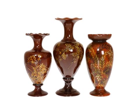 LINTHORPE POTTERYTHREE VASES DECORATED WITH FOLIAGE, NOS. 2193, 2126 AND 2010, the first with frilled rim, the second decorat