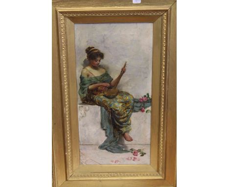 ITALIAN SCHOOL (19TH CENTURY), YOUNG LADY PLAYING A STRINGED INSTRUMENT, signed with a monogram lower left, oil on canvas, fr