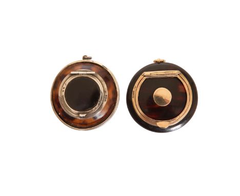 A GOLD MOUNTED TORTOISESHELL SNUFF BOX, Birmingham 1899, retailed by Asprey, circular, 5cm; together with A SILVER MOUNTED TO