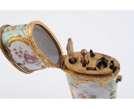 A SOUTH STAFFORDSHIRE ENAMEL NECESSAIRE, LATE 18TH CENTURY, of oval section, the hinged cover opening to reveal an interior w