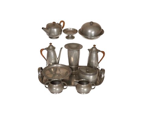 LIBERTY & COA COLLECTION OF ARTS AND CRAFTS PEWTER, including a five-piece tea and coffee set on a two-handled tray, vase, no