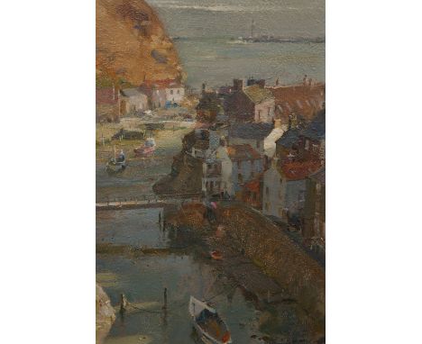 DAVID J. CURTIS (BRITISH, BORN 1948), FIRST LIGHT, STAITHES, signed and dated (20)00 lower right, oil on board, framed. 29.5c